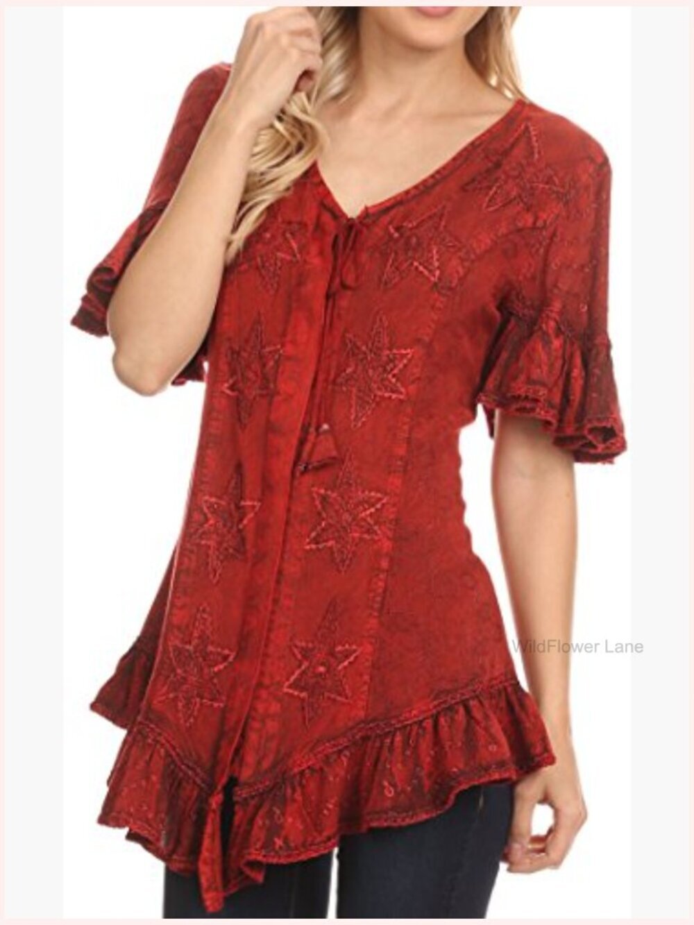 Star Embroidered Blouse with Button Front and Ruffles - Picture 3 of 6